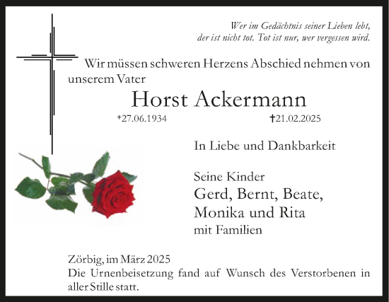 Traueranzeige von Horst Ackermann von Trauerkombi Bitterfeld