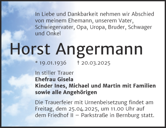 Traueranzeige von Horst Angermann von Trauerkombi Bernburg