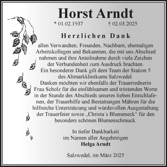 Traueranzeige von Horst Arndt von Volksstimme Altmark West
