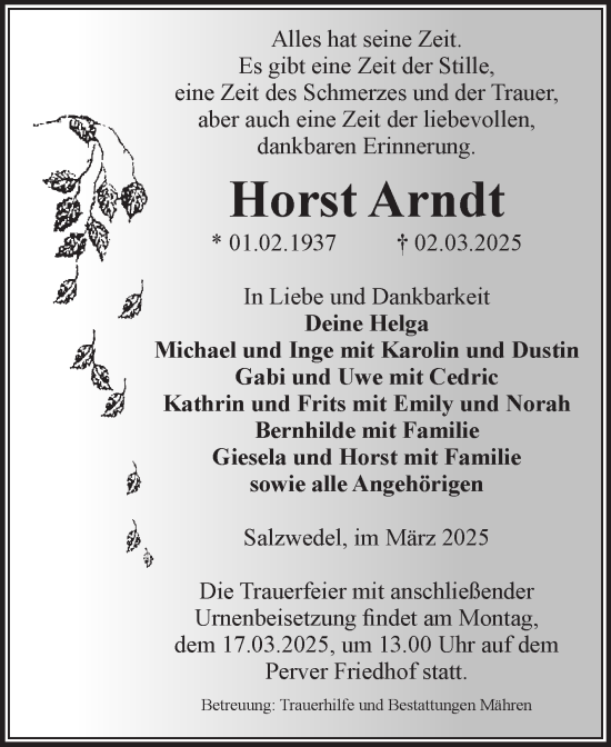 Traueranzeige von Horst Arndt von Volksstimme Altmark West