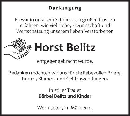 Traueranzeige von Horst Belitz von Volksstimme Oschersleben/Wanzleben