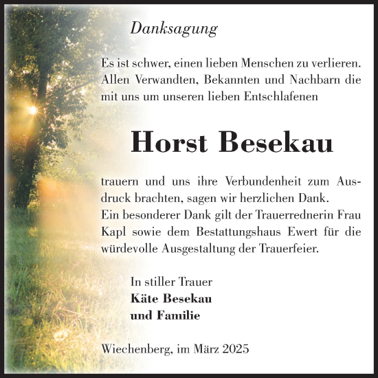 Traueranzeige von Horst Besekau von Volksstimme Burg/Genthin