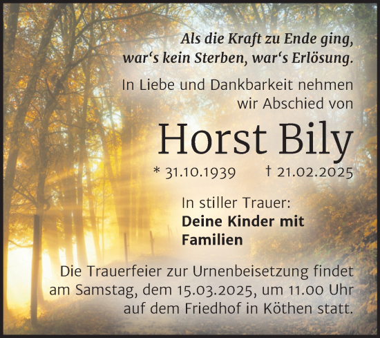 Traueranzeige von Horst Bily von Trauerkombi Köthen