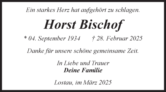 Traueranzeige von Horst Bischof von Volksstimme Burg/Genthin