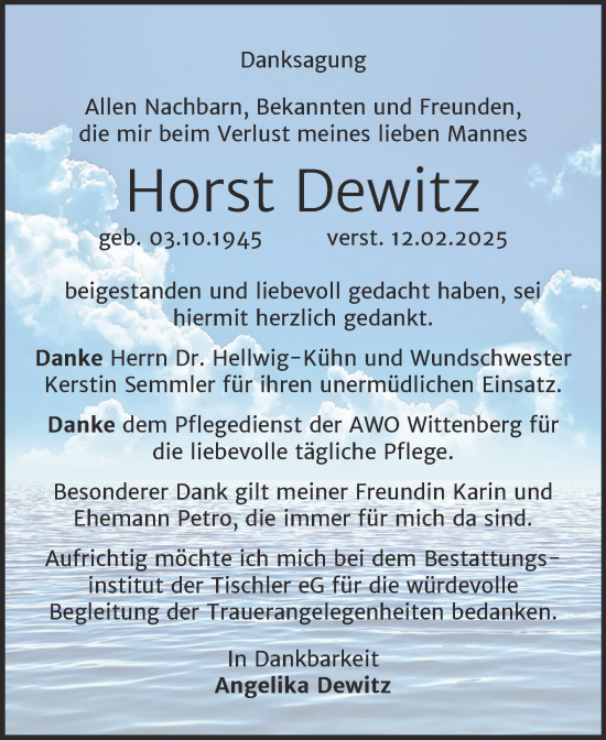 Traueranzeige von Horst Dewitz von Trauerkombi Wittenberg