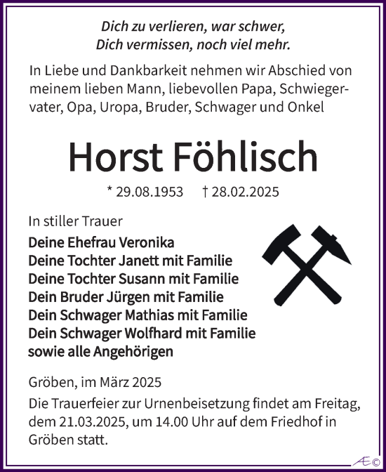 Traueranzeige von Horst Föhlisch von Trauerkombi Weißenfels