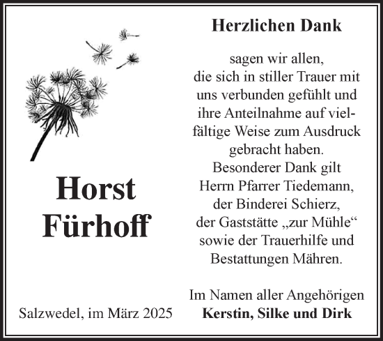 Traueranzeige von Horst Fürhoff von Volksstimme Altmark West