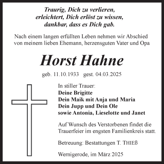 Traueranzeige von Horst Hahne von Volksstimme Wernigerode