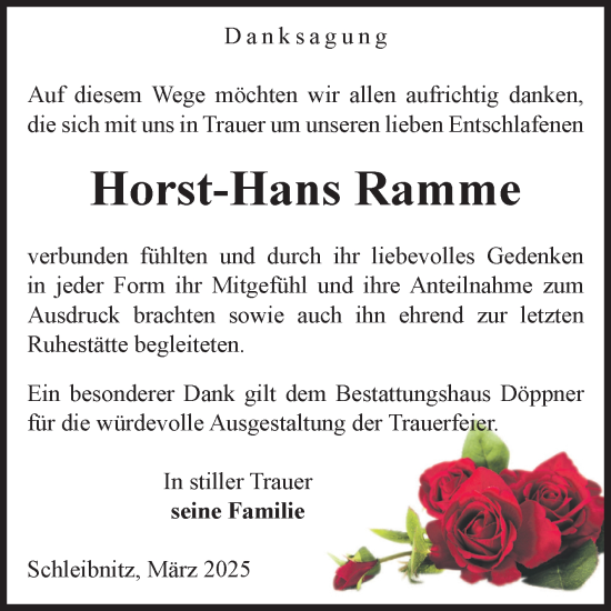 Traueranzeige von Horst-Hans Ramme von Volksstimme Oschersleben/Wanzleben
