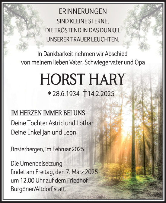 Traueranzeige von Horst Hary von Mitteldeutsche Zeitung Mansfelder Land