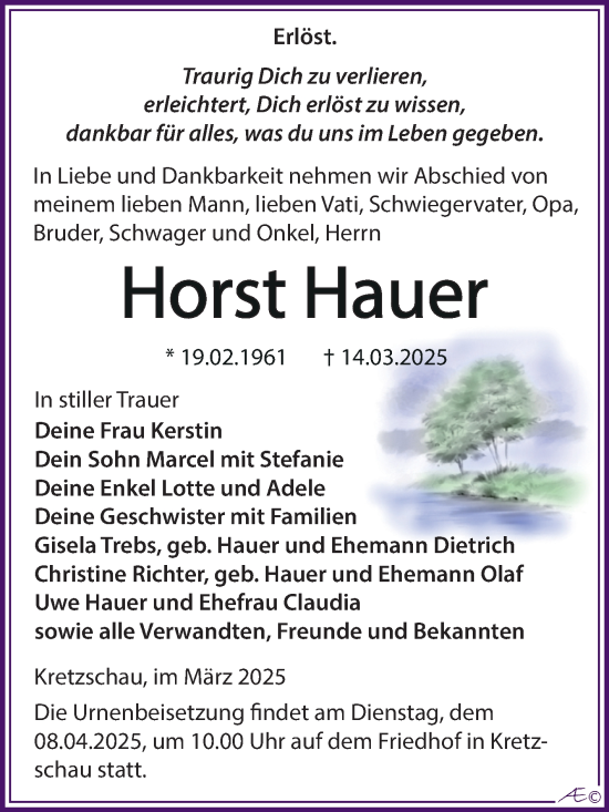 Traueranzeige von Horst Hauer von Trauerkombi Zeitz