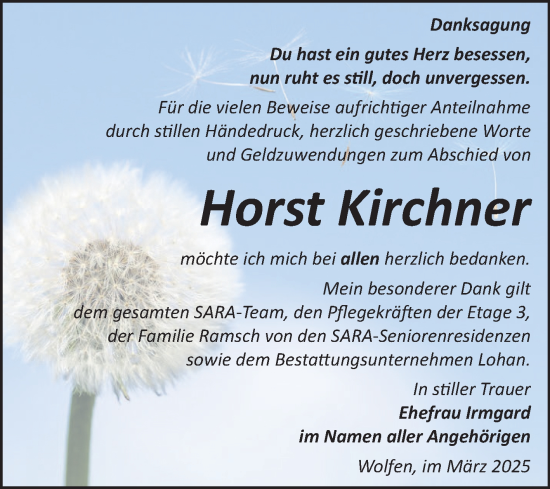 Traueranzeige von Horst Kirchner von Trauerkombi Bitterfeld