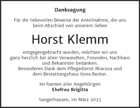 Traueranzeige von Horst Klemm von Trauerkombi Sangerhausen