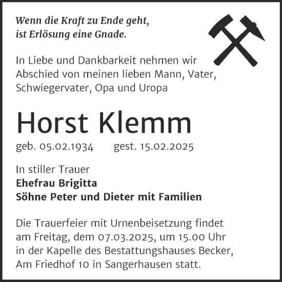 Traueranzeige von Horst Klemm von Trauerkombi Sangerhausen