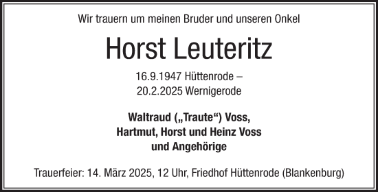 Traueranzeige von Horst Leuteritz von Volksstimme Halberstadt