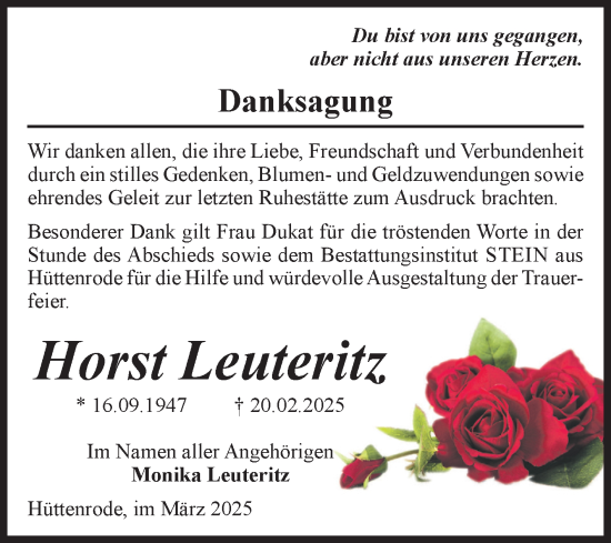 Traueranzeige von Horst Leuteritz von Volksstimme Wernigerode