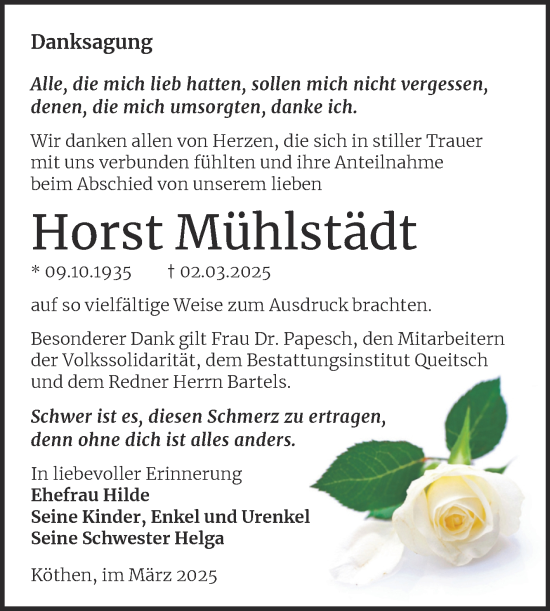 Traueranzeige von Horst Mühlstädt von Trauerkombi Köthen