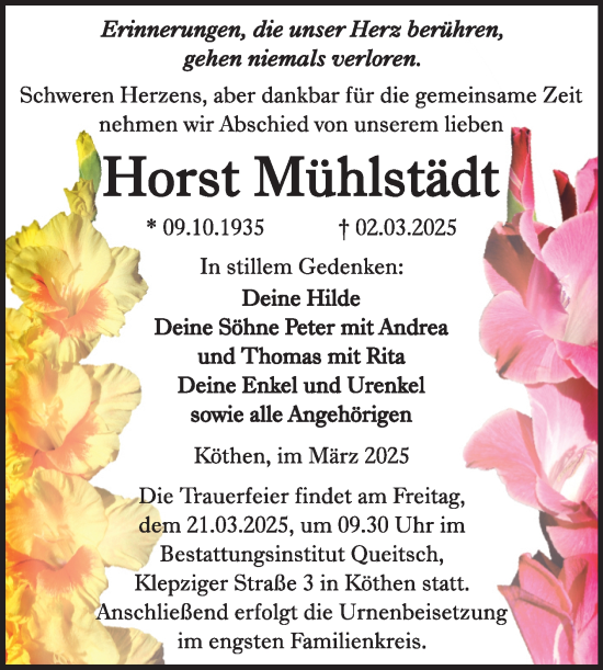 Traueranzeige von Horst Mühlstädt von Trauerkombi Köthen