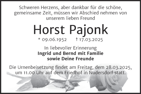 Traueranzeige von Horst Pajonk von Trauerkombi Wittenberg