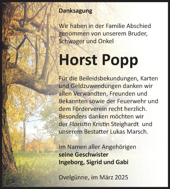 Traueranzeige von Horst Popp von Volksstimme Oschersleben/Wanzleben