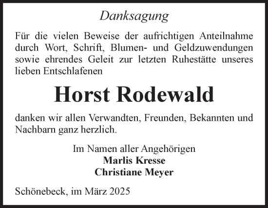 Traueranzeige von Horst Rodewald von Volksstimme Schönebeck