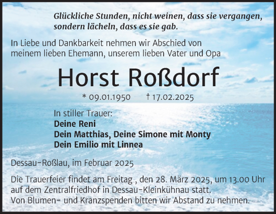 Traueranzeige von Horst Roßdorf von Trauerkombi Dessau