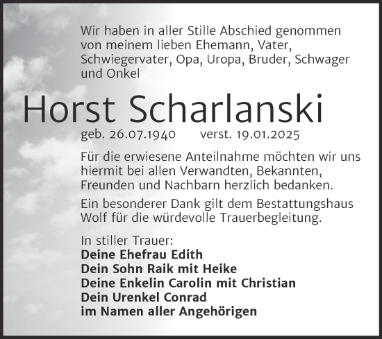 Traueranzeige von Horst Scharlanski von Trauerkombi Weißenfels