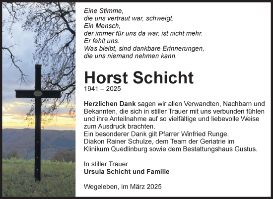 Traueranzeige von Horst Schicht von Volksstimme Halberstadt