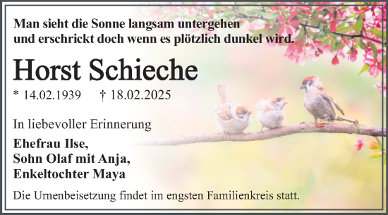 Traueranzeige von Horst Schieche von Trauerkombi Dessau