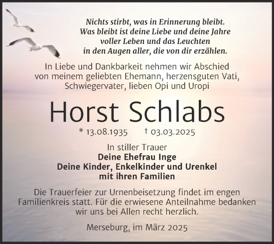 Traueranzeige von Horst Schlabs von Trauerkombi Merseburg