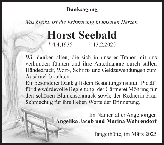 Traueranzeige von Horst Seebald von Volksstimme Altmark Ost