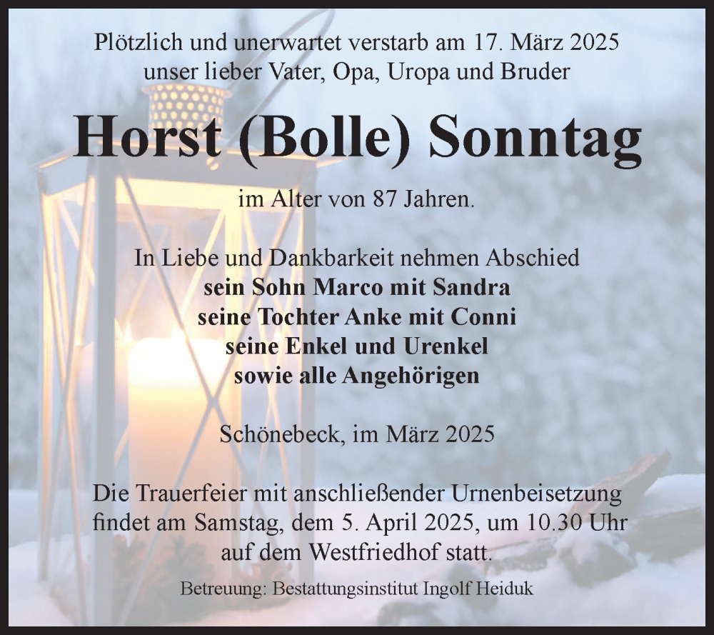  Traueranzeige für Horst Sonntag vom 22.03.2025 aus Volksstimme Schönebeck