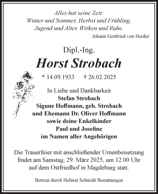 Traueranzeige von Horst Strobach von Volksstimme Magdeburg