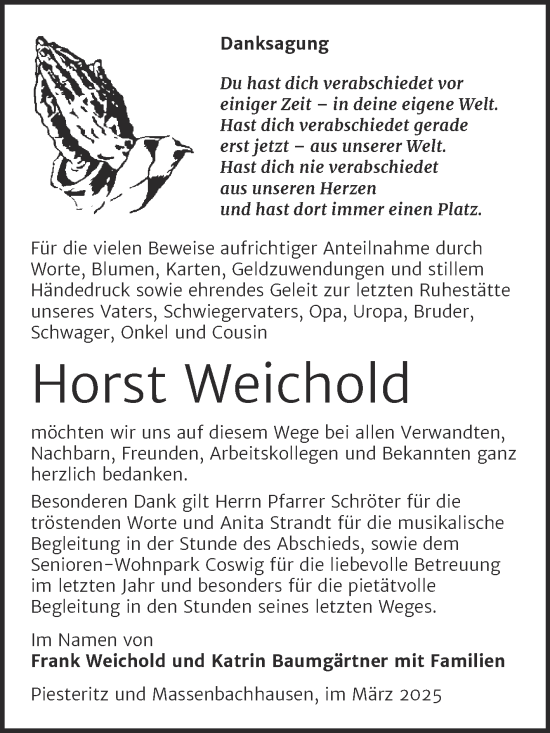 Traueranzeige von Horst Weichold von Trauerkombi Wittenberg