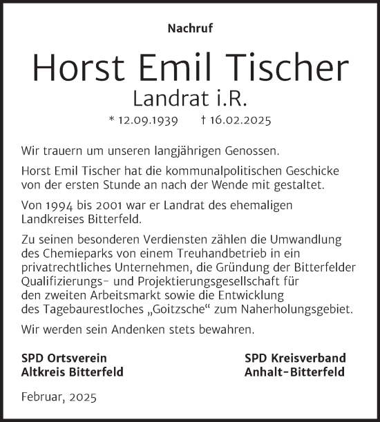 Traueranzeige von Horst Emil Tischer von SuperSonntag Bitterfeld
