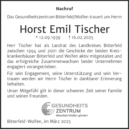 Traueranzeige von Horst Emil Tischer von Mitteldeutsche Zeitung Bitterfeld