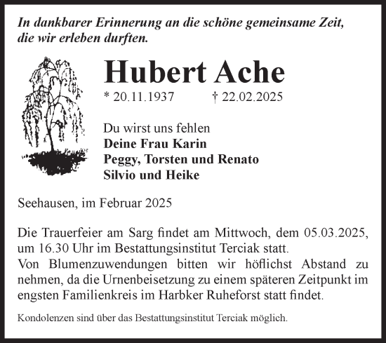 Traueranzeige von Hubert Ache von Volksstimme Oschersleben/Wanzleben
