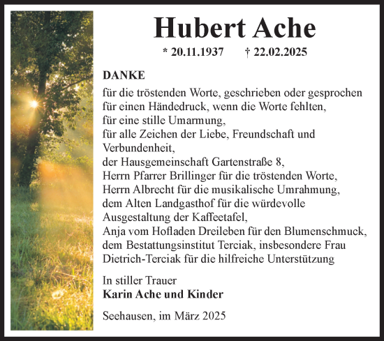 Traueranzeige von Hubert Ache von Volksstimme Oschersleben/Wanzleben