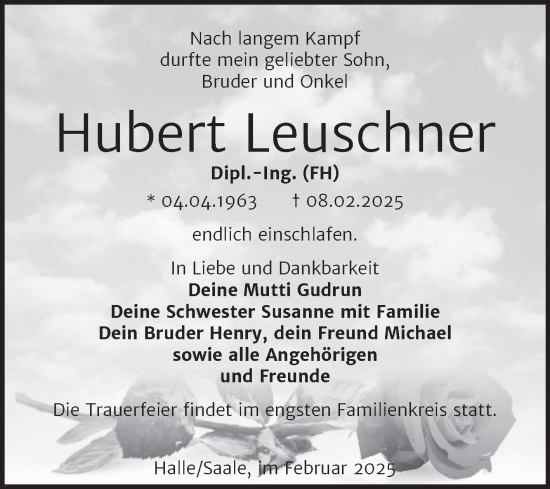 Traueranzeige von Hubert Leuschner von Mitteldeutsche Zeitung Halle/Saalkreis