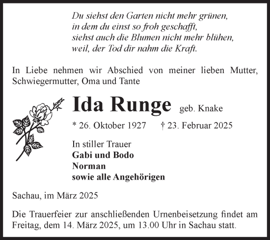 Traueranzeige von Ida Runge von Volksstimme Altmark West