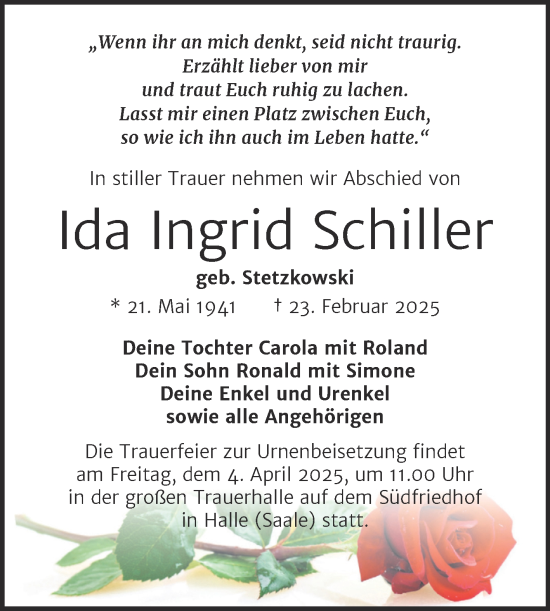 Traueranzeige von Ida Ingrid Schiller von SuperSonntag Bitterfeld