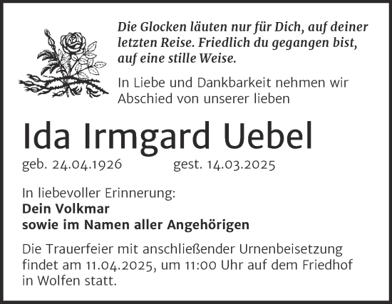 Traueranzeige von Ida Irmgard Uebel von Trauerkombi Bitterfeld