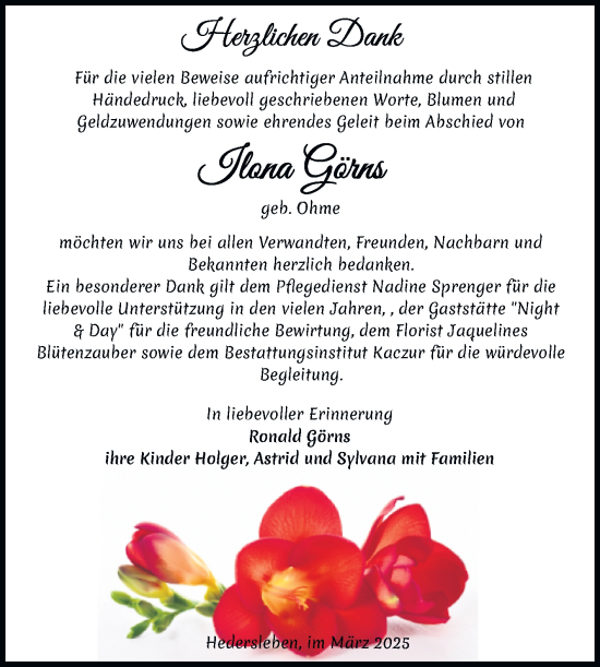 Traueranzeige von Ilona Görns von Trauerkombi Quedlinburg