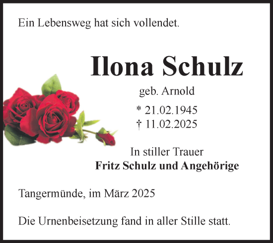 Traueranzeige von Ilona Schulz von Volksstimme Altmark Ost