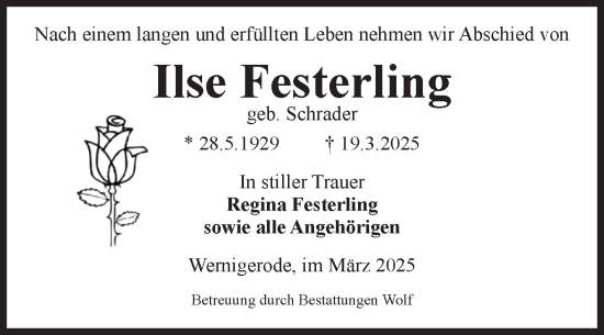 Traueranzeige von Ilse Festerling von Volksstimme Wernigerode