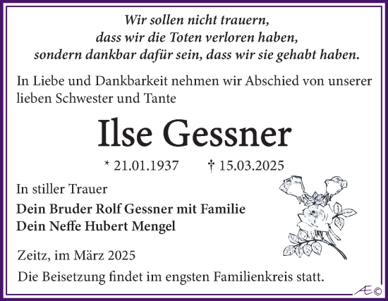 Traueranzeige von Ilse Gessner von Trauerkombi Zeitz