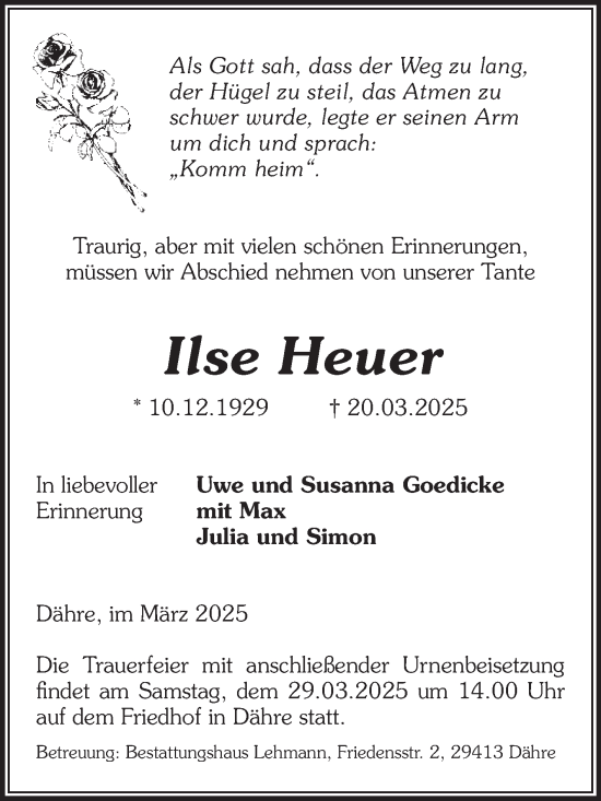 Traueranzeige von Ilse Heuer von Volksstimme Altmark West