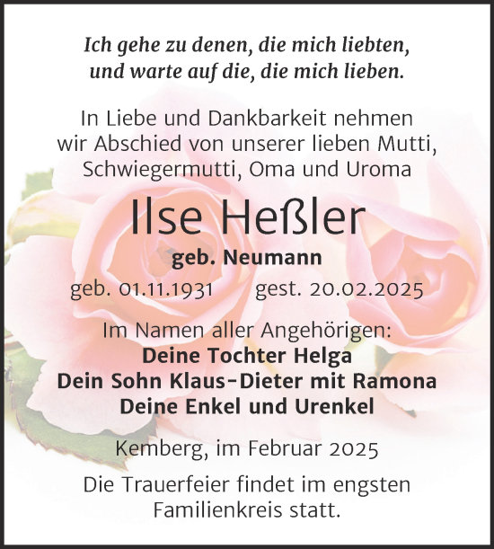Traueranzeige von Ilse Heßler von Trauerkombi Wittenberg