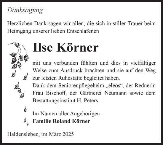 Traueranzeige von Ilse Körner von Volksstimme Haldensleben/Wolmirstedt