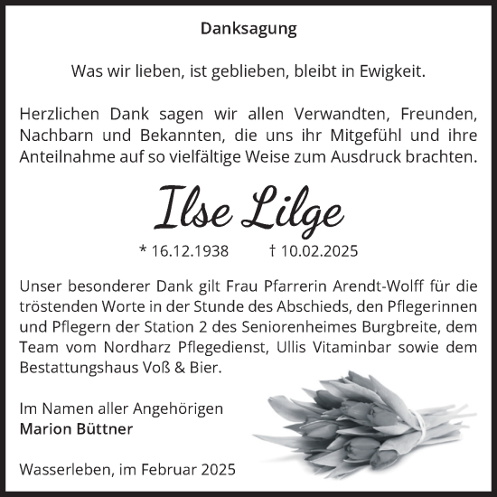 Traueranzeige von Ilse Lilge von Volksstimme Wernigerode